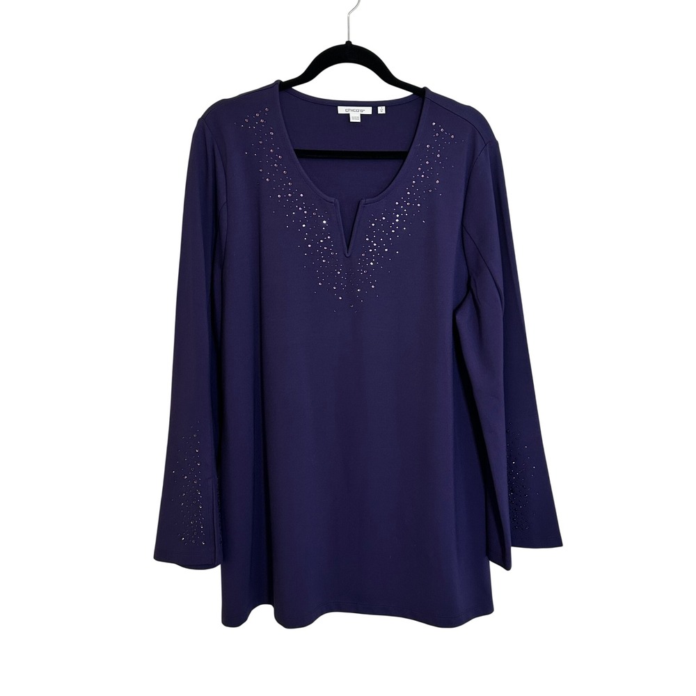 Chico's Rhinestone Embellished Split V-Neck Knit‎ Tunic Top Size 3 XL Purple